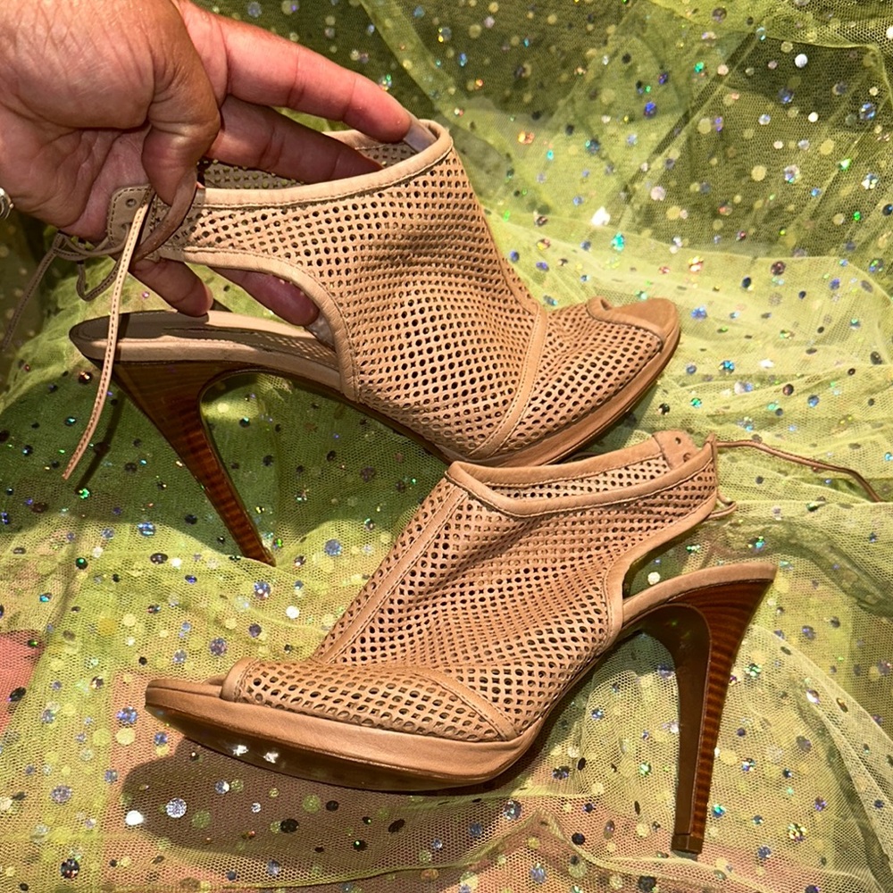 J. Crew Tan Stiletto Heels with Mesh Design